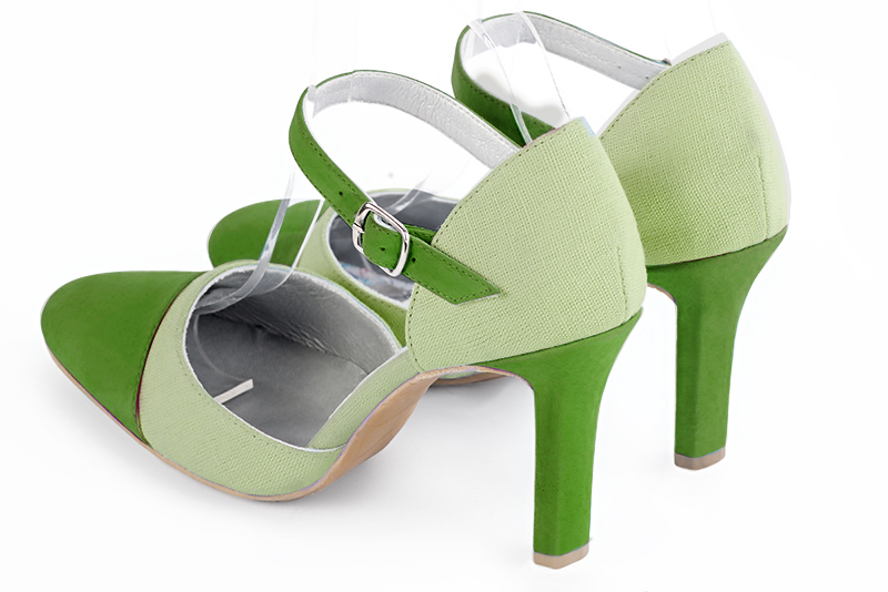 Grass green women's open side shoes, with an instep strap. Round toe. Very high slim heel. Rear view - Florence KOOIJMAN